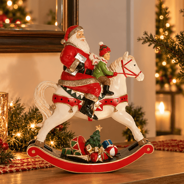 Decoris Santa and Child on a Rocking Horse, 34cm - XMAS CERAMIC WOOD RESIN GLASS ORNAMENTS - Beattys of Loughrea