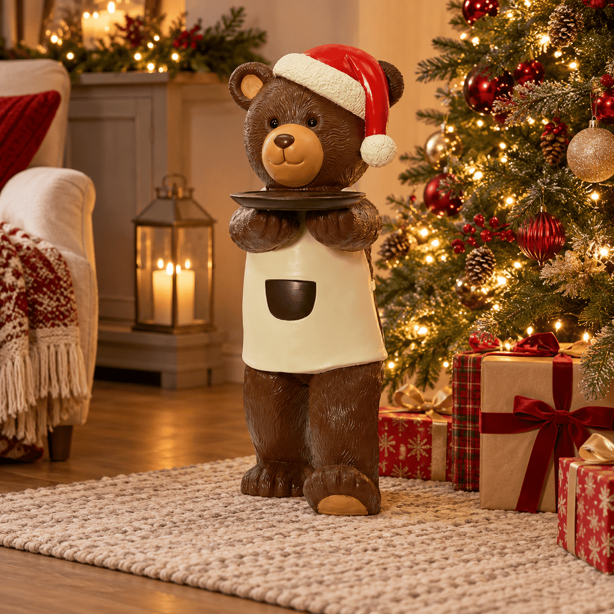 Decoris Standing Bear with Serving Tray, 78cm - XMAS CERAMIC WOOD RESIN GLASS ORNAMENTS - Beattys of Loughrea