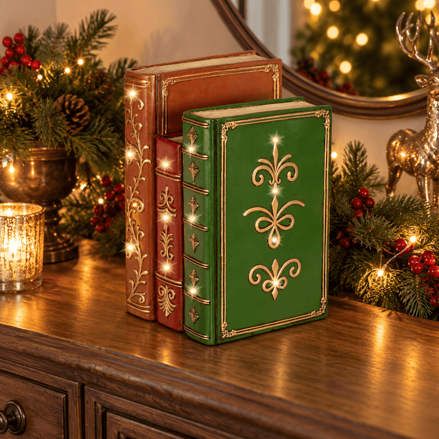 Decoris LED Stacked Books Decoration 27.5cm, Warm White - XMAS CERAMIC WOOD RESIN GLASS ORNAMENTS - Beattys of Loughrea