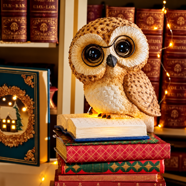 Decoris LED Owl on a Book 24.5cm, Warm White - XMAS CERAMIC WOOD RESIN GLASS ORNAMENTS - Beattys of Loughrea