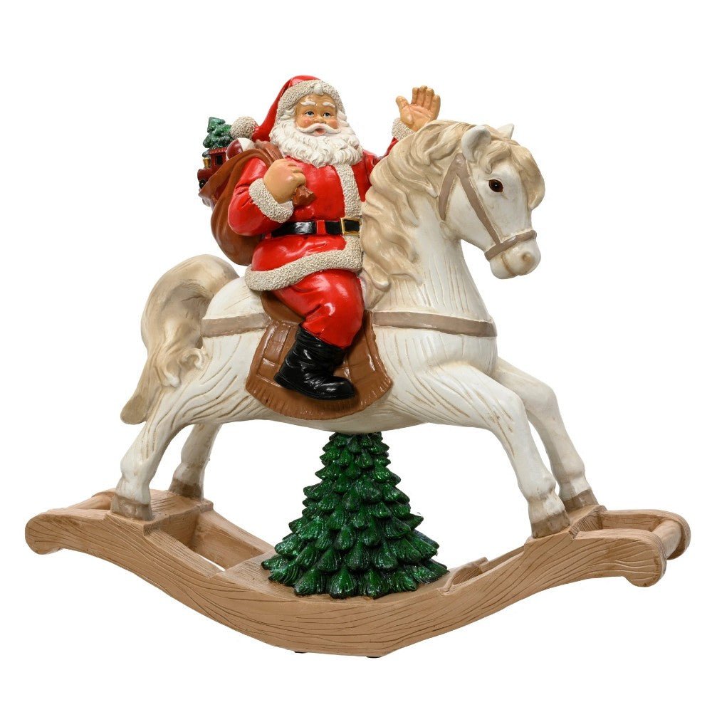 Decoris Santa on a Rocking Horse with Christmas Tree - XMAS CERAMIC WOOD RESIN GLASS ORNAMENTS - Beattys of Loughrea
