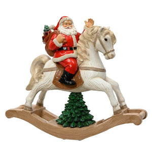 Decoris Santa on a Rocking Horse with Christmas Tree - XMAS CERAMIC WOOD RESIN GLASS ORNAMENTS - Beattys of Loughrea