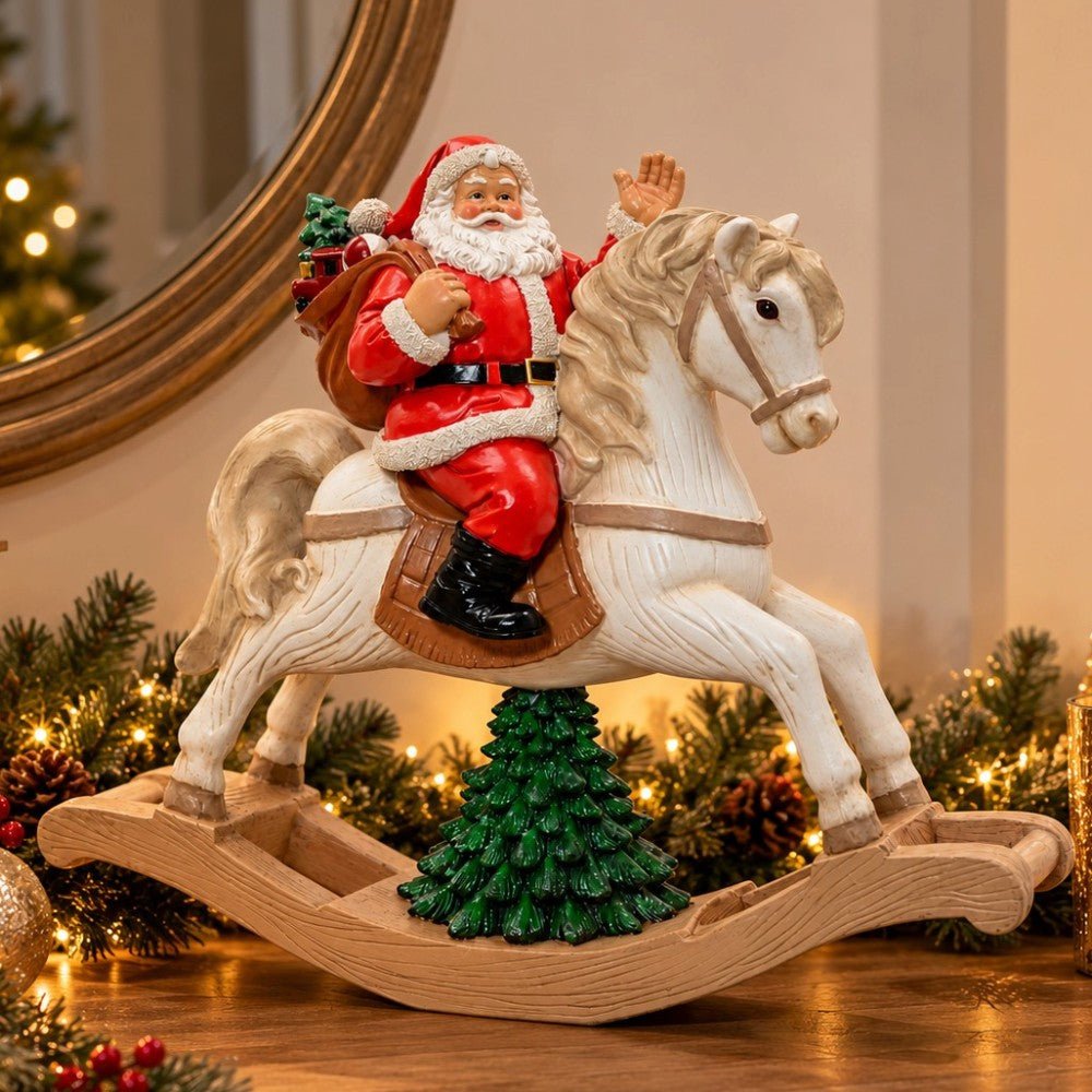 Decoris Santa on a Rocking Horse with Christmas Tree - XMAS CERAMIC WOOD RESIN GLASS ORNAMENTS - Beattys of Loughrea