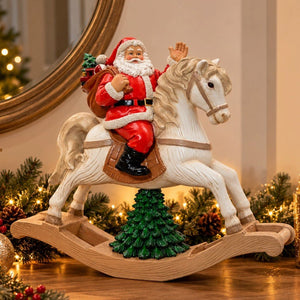 Decoris Santa on a Rocking Horse with Christmas Tree - XMAS CERAMIC WOOD RESIN GLASS ORNAMENTS - Beattys of Loughrea