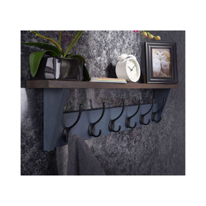 Oak & Grey Combo Shelf Unit – 6 Black Hooks (W 800 × H 200 × D 100 mm) - HAT & COAT HOOK ON TIMBER - Beattys of Loughrea