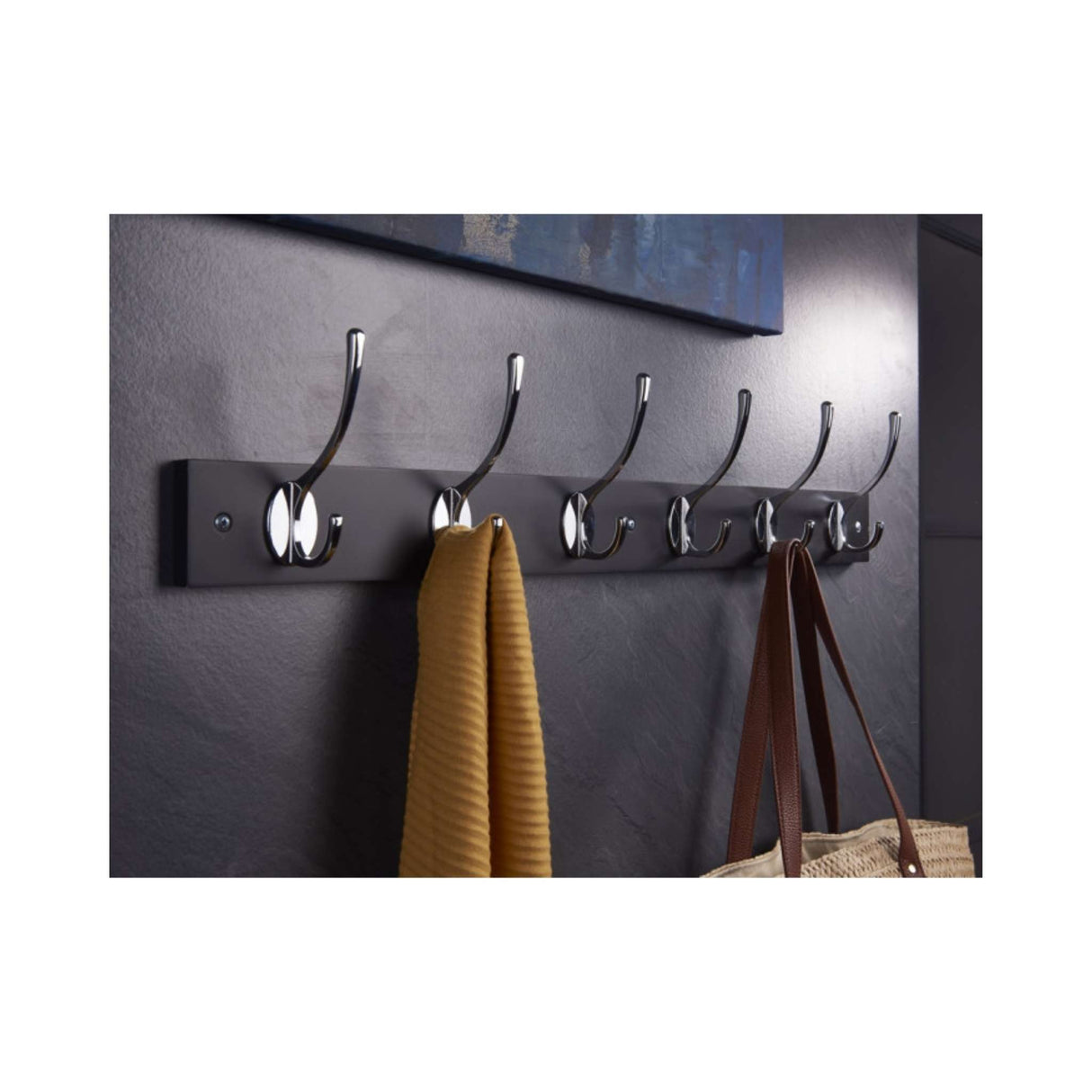 Black Bloc & Chrome Hookrail (W 685 × H 65 mm) - HAT & COAT HOOK ON TIMBER - Beattys of Loughrea