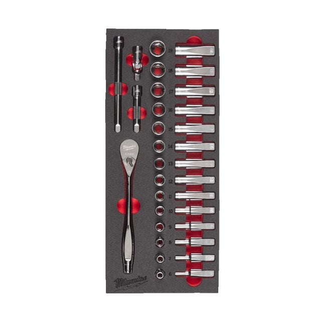 Milwaukee 3/8in Ratchet & Socket Set Foam Insert 32pc 4932479825 - Beattys of Loughrea | www.beattys.ie