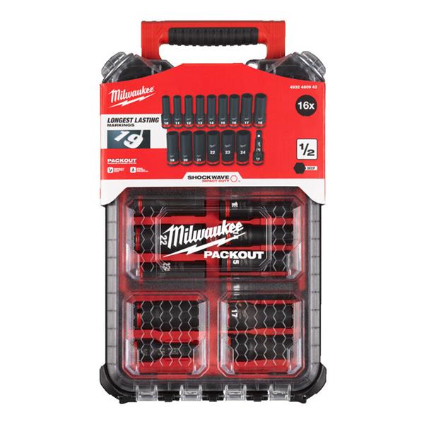 Milwaukee Packout - Shockwave - Impact Duty Socket set - 1/2 Deep Set - 16pc - 4932480943 - TOOL SETS/ SOCKET SETS - Beattys of Loughrea