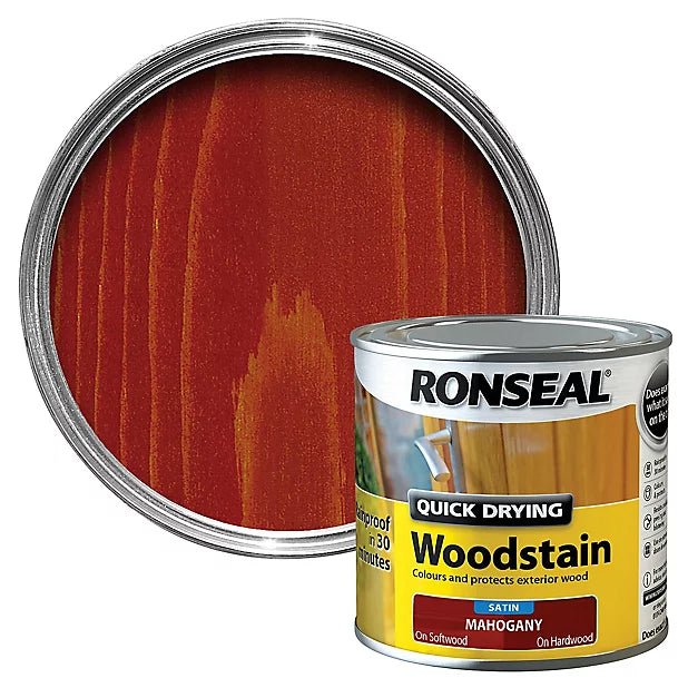 Ronseal Quick Drying Woodstain Satin - Mahogany 250ml - VARNISHES / WOODCARE - Beattys of Loughrea