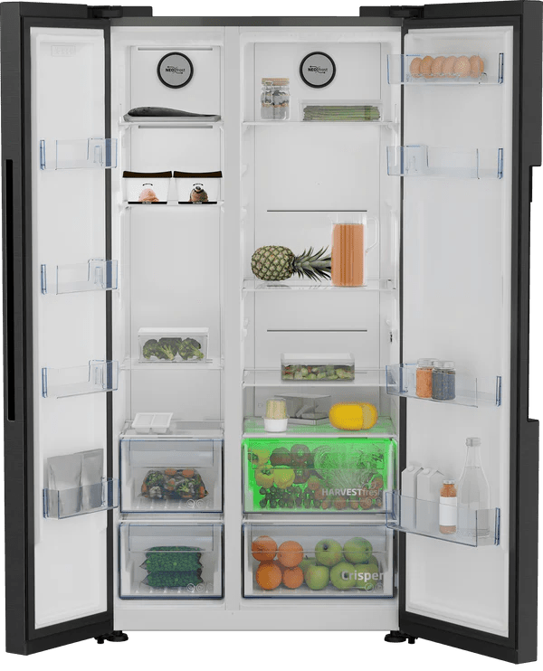 Beko Freestanding American Style Fridge Freezer with NeoFrost™ Black Steel | ASL1442VPZ - FRIDGE OR FR/FREEZER LGE 300L+, USA - Beattys of Loughrea