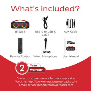 Energizer Portable Bluetooth Party Speaker with RGB lighting with mic | BTS258 - SPEAKERS HIFI MP3 PC - Beattys of Loughrea