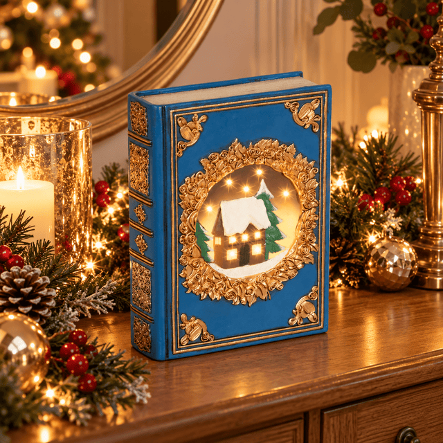 Decoris LED Blue Book with Snow Scene 23.5cm, Warm White - XMAS CERAMIC WOOD RESIN GLASS ORNAMENTS - Beattys of Loughrea