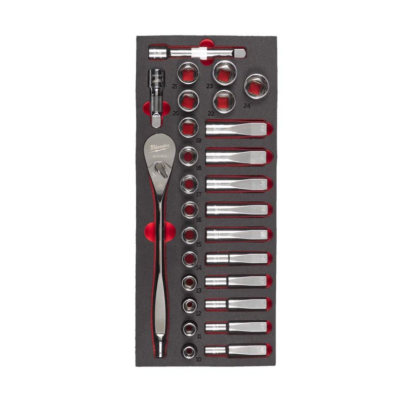 Milwaukee 1/2in Ratchet & Socket Set Foam Insert 28pc 4932479826 - SOCKETS - Beattys of Loughrea
