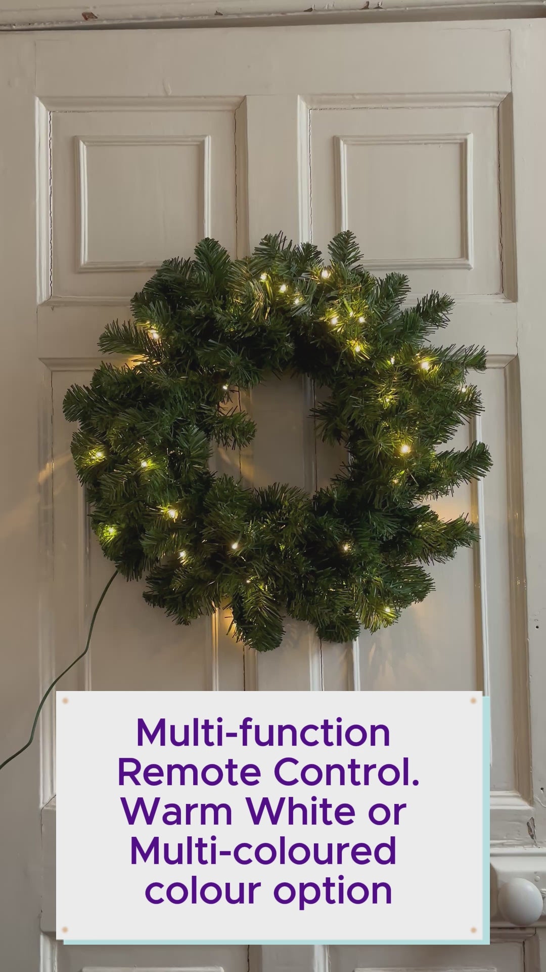 Limber 60cm Outdoor Green Wreath with 50 Warm White/Multicolour LEDs, 140 Tips, Timer & Remote Dimmer