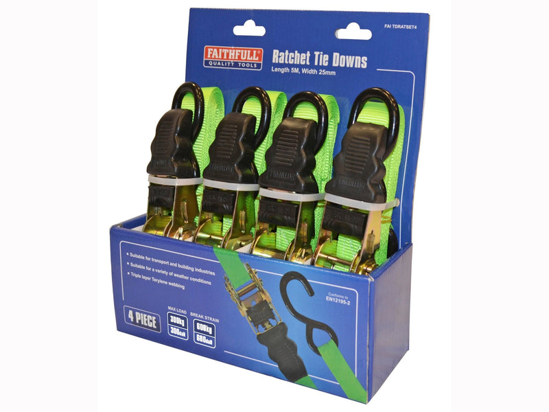 Faithfull Ratchet Tiedowns 5m x 25mm - 4 Pack - WRENCHES/SPANNERS - Beattys of Loughrea