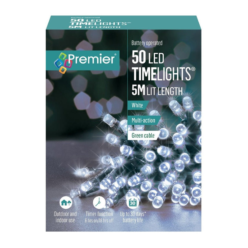 Premier Decorations 50 LED String Lights - White - XMAS BATTERY OPERATED LIGHTS - Beattys of Loughrea