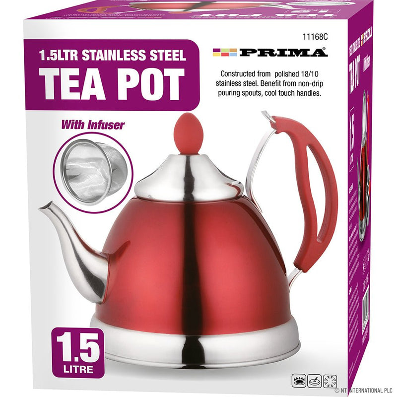 Stainless Steel Teapot with Infuser Red & Chrome 1.5L - S/S TEAPOT/JUG - Beattys of Loughrea