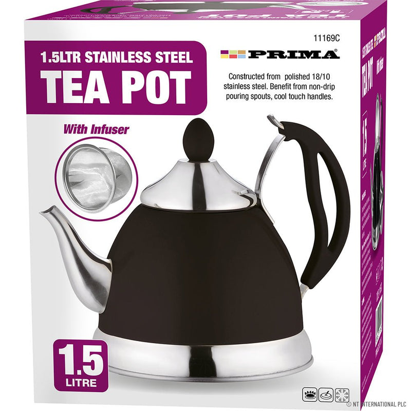 Stainless Steel Teapot with Infuser Black & Chrome 1.5L - S/S TEAPOT/JUG - Beattys of Loughrea