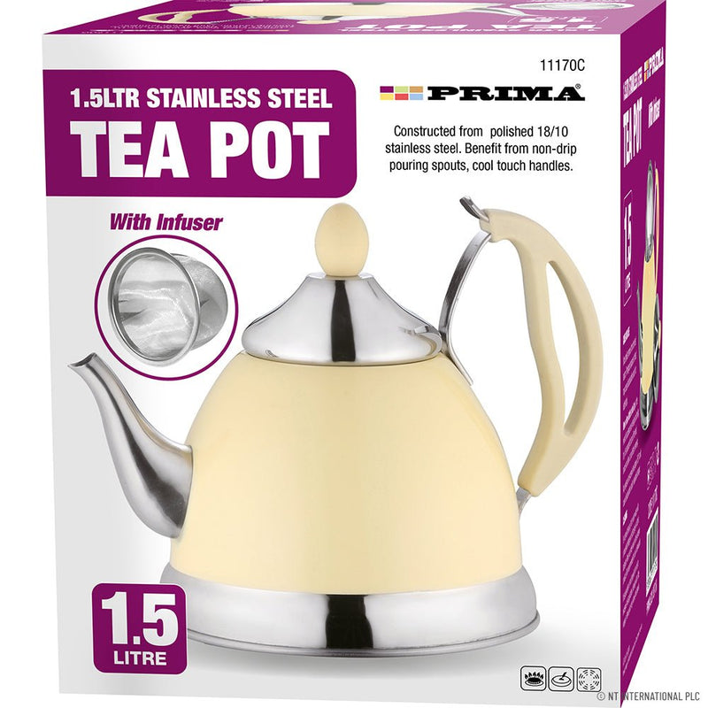 Stainless Steel Teapot with Infuser Cream & Chrome 1.5L - S/S TEAPOT/JUG - Beattys of Loughrea