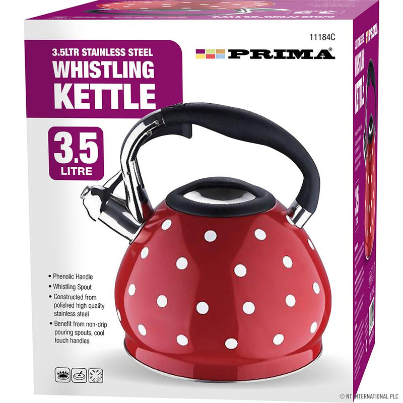 Stainless Steel Whistling Kettle Red with White Polka Dot 3.5L - S/STEEL KETTLES - Beattys of Loughrea