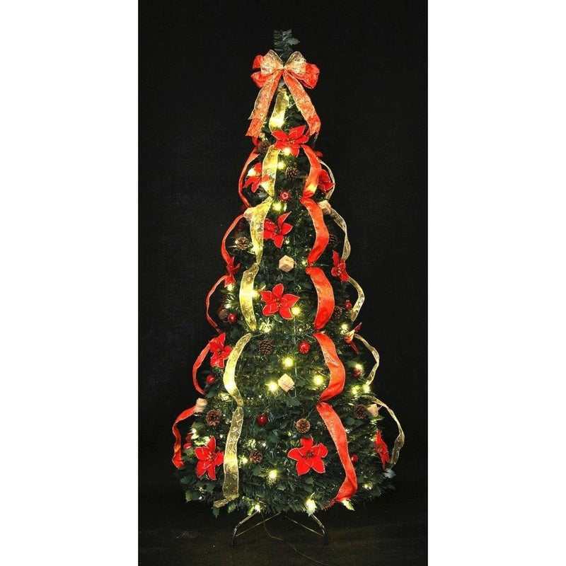 Pre-Lit Pop-Up Decorated (Red/Natural) Tree w/150 LEDs - 6ft - XMAS TREE PRELIT & POPUP - Beattys of Loughrea