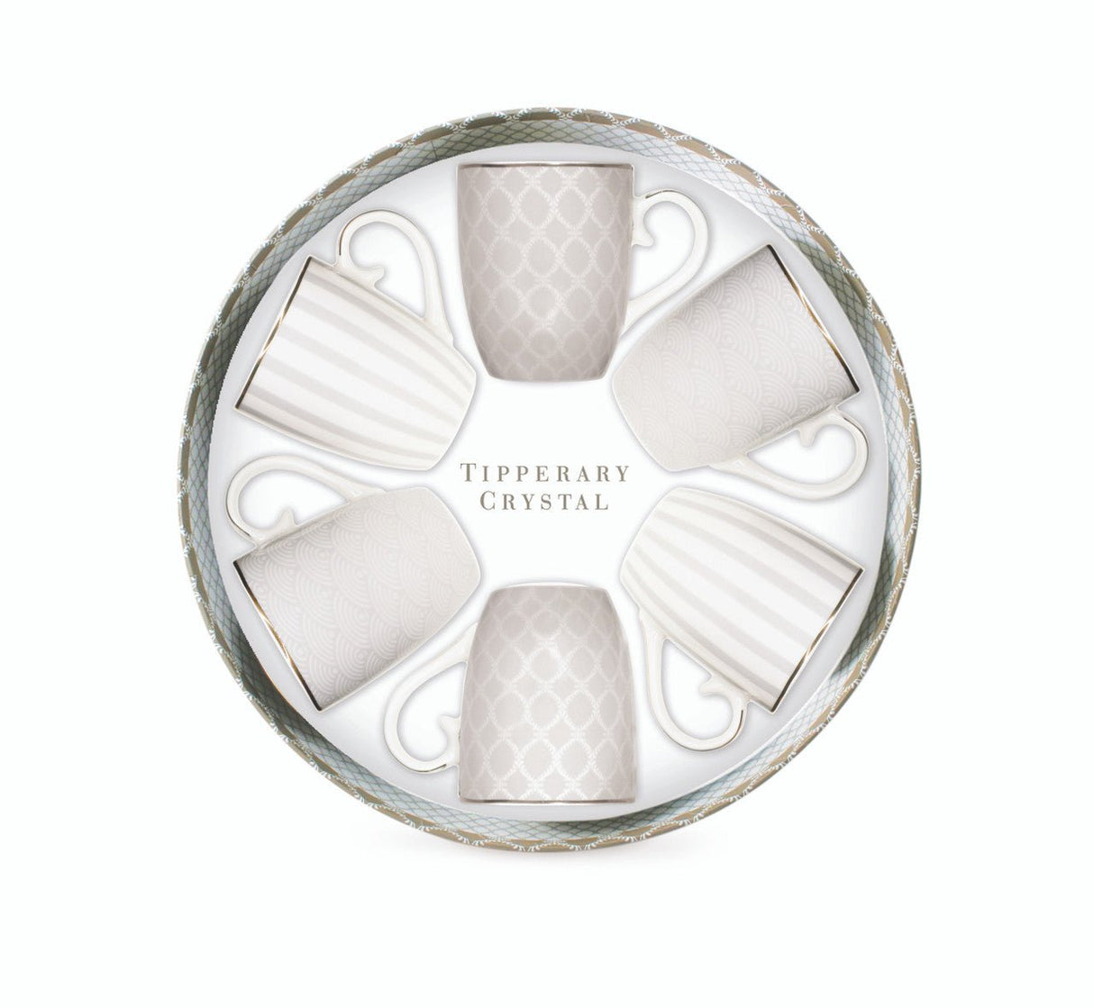 TIPPERARY CRYSTAL Set 6 Bone China Mugs - Grey Stripe, Net & Rainbow - MUG SETS - Beattys of Loughrea