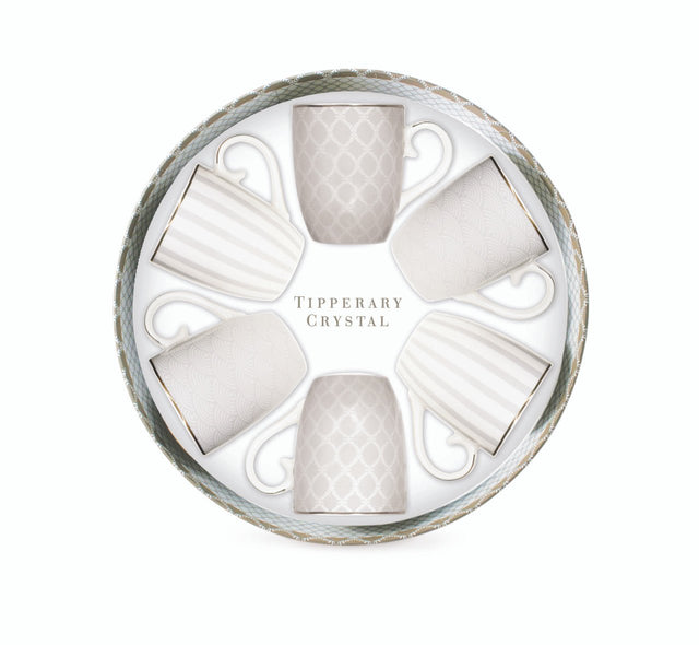 TIPPERARY CRYSTAL Set 6 Bone China Mugs - Grey Stripe, Net & Rainbow - MUG SETS - Beattys of Loughrea