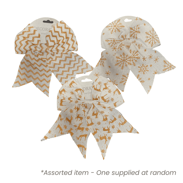 24cm White & Gold Jute Bow* - XMAS DECORATIONS - Beattys of Loughrea