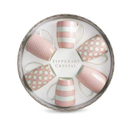 TIPPERARY CRYSTAL Set 6 Bone China Mugs - Spots & Stripes - Pink - MUG SETS - Beattys of Loughrea