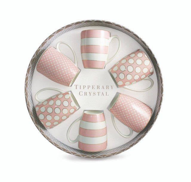 TIPPERARY CRYSTAL Set 6 Bone China Mugs - Spots & Stripes - Pink - MUG SETS - Beattys of Loughrea