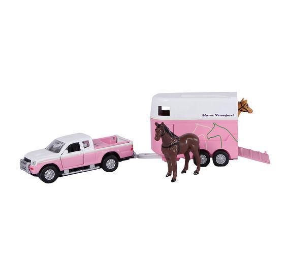 Kids Globe Die Cast Pink Mitsubishi L200 with Horsetrailer - FARMS/TRACTORS/BUILDING - Beattys of Loughrea