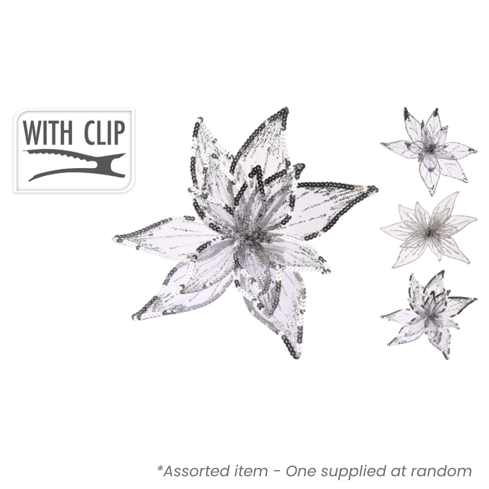 Grey Flower with Clip Decoration 20 cm Assorted - XMAS DECORATIONS - Beattys of Loughrea