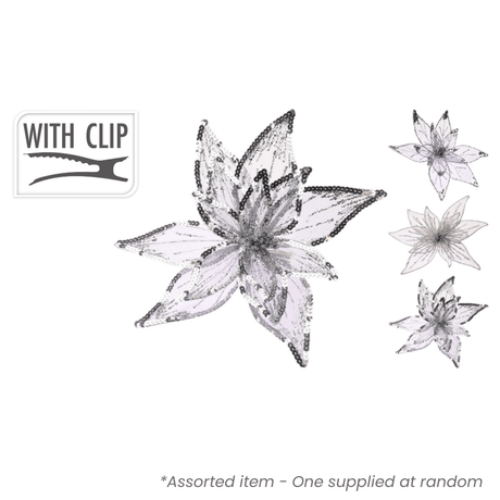 Grey Flower with Clip Decoration 20 cm Assorted - XMAS DECORATIONS - Beattys of Loughrea