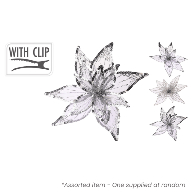Grey Flower with Clip Decoration 20 cm Assorted - XMAS DECORATIONS - Beattys of Loughrea