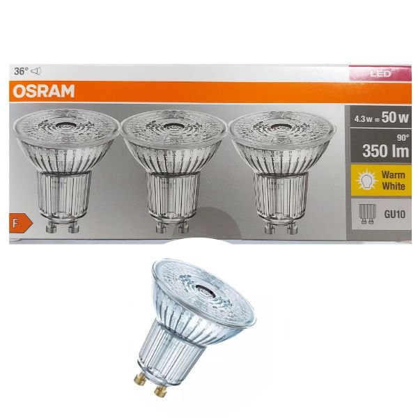 Osram Led 3Pk GU10 4.3W (50W) 36° WW Bulb - LED BULBS - Beattys of Loughrea