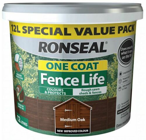 Ronseal One Coat Fence Life - 12 Litre Medium Oak - VARNISHES / WOODCARE - Beattys of Loughrea