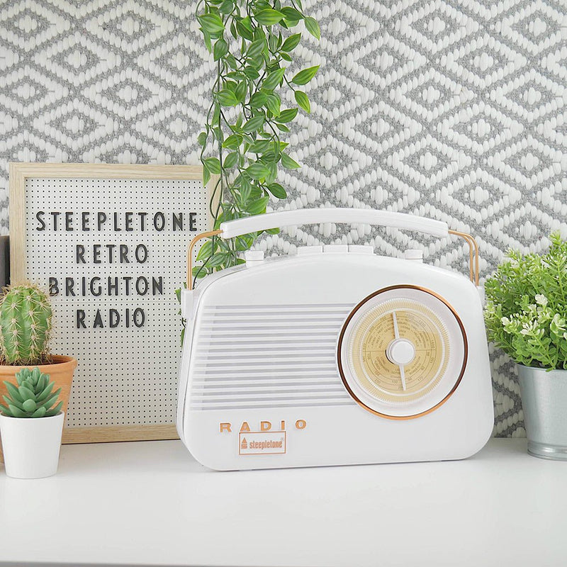 Steepletone Brighton Retro Radio White & Copper - AM/FM RADIO - Beattys of Loughrea