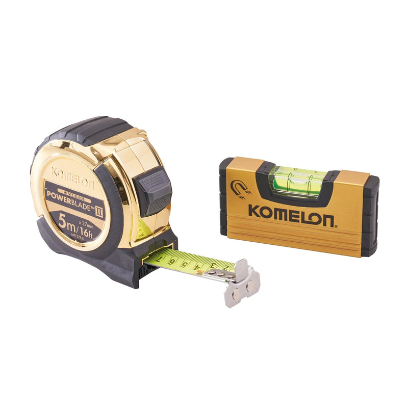 Komelon 5m (16ft) Gold PowerBlade II Tape with Gold Mini Level - TAPE MEASURES - Beattys of Loughrea