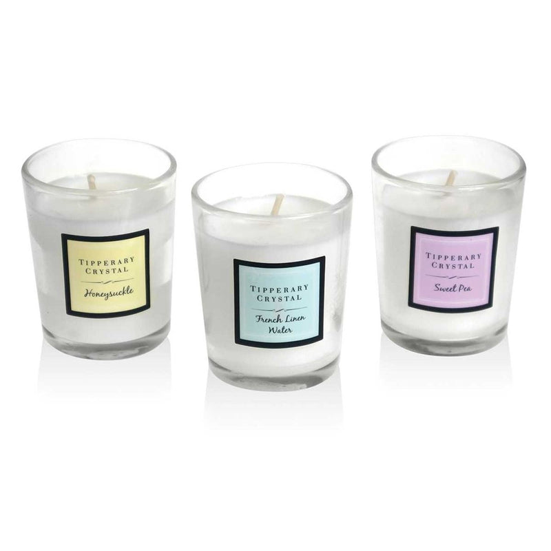 TIPPERARY CRYSTAL Set of 3 Assorted Mini Candles - Sweet Pea, Honeysuckle, French Linen - CANDLES - Beattys of Loughrea