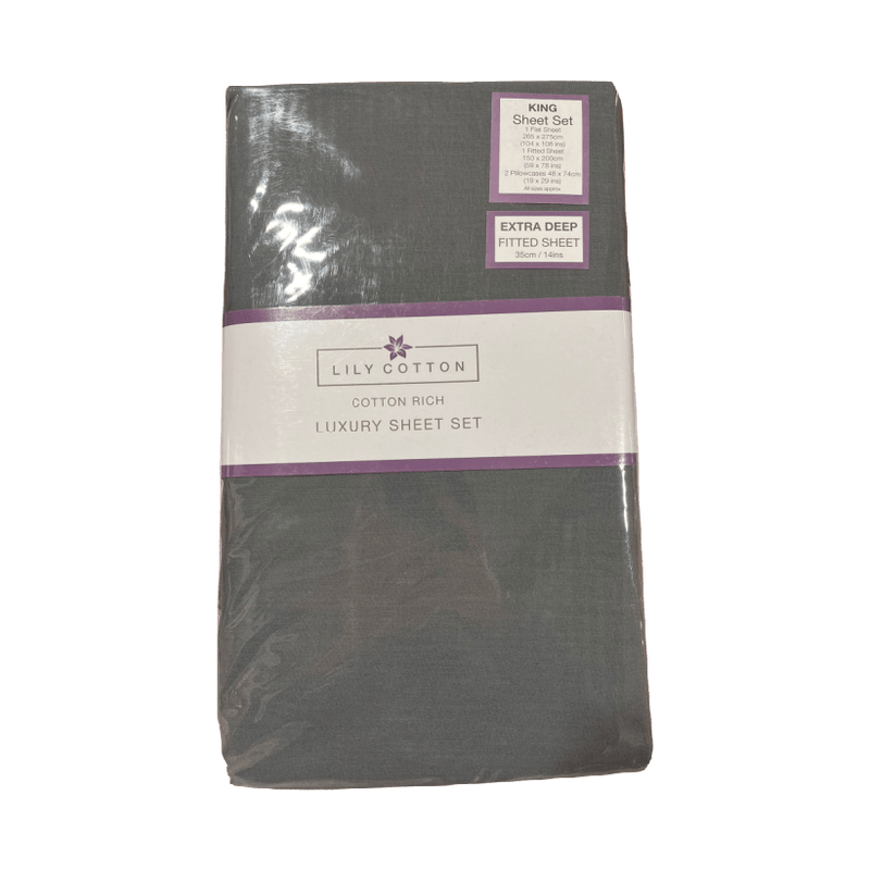 Lily Cotton Luxury Sheet Set Grey Kingsize - SHEETS/VALANCE/MATTRESS COVER - Beattys of Loughrea