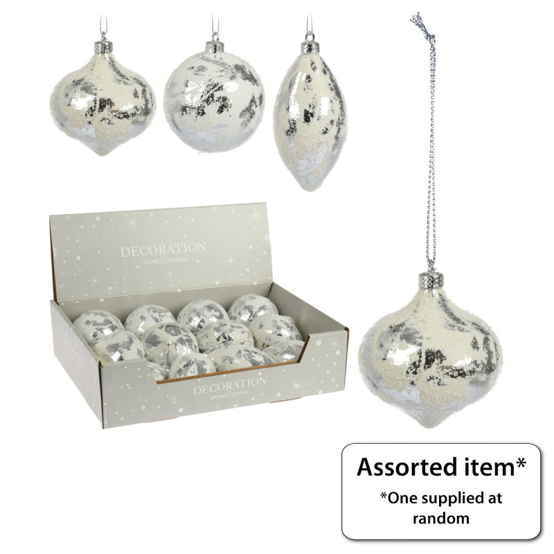 Silver Snow Bauble 80mm - XMAS BAUBLES - Beattys of Loughrea