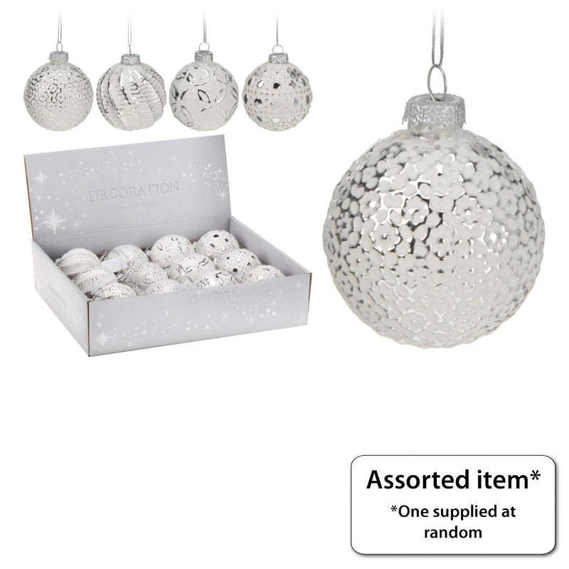 Silver & White Embossed Bauble 60mm - XMAS BAUBLES - Beattys of Loughrea