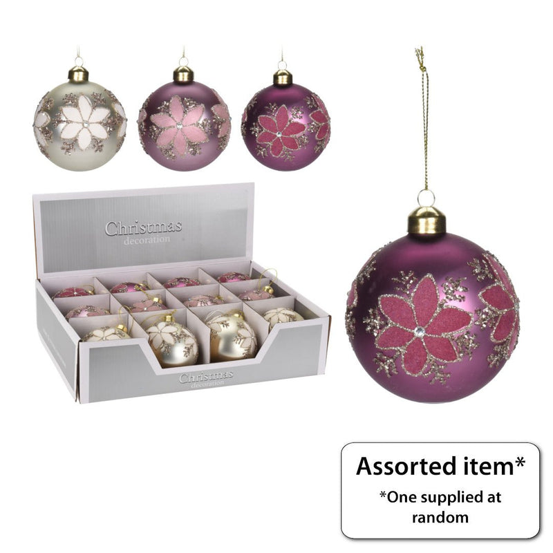 Bauble with Flower 80mm - XMAS BAUBLES - Beattys of Loughrea
