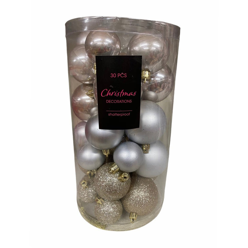 Champagne & Silver Bauble Set 30pc - XMAS BAUBLES - Beattys of Loughrea
