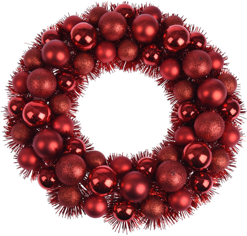 Tinsel & Bauble Wreath Red 38cm - XMAS WREATHS - Beattys of Loughrea