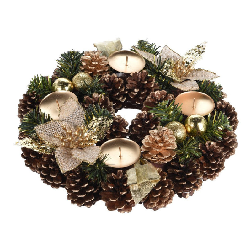Christmas Artificial Wreath with Pinecones and Gold Flowers 28cm - XMAS WREATHS - Beattys of Loughrea