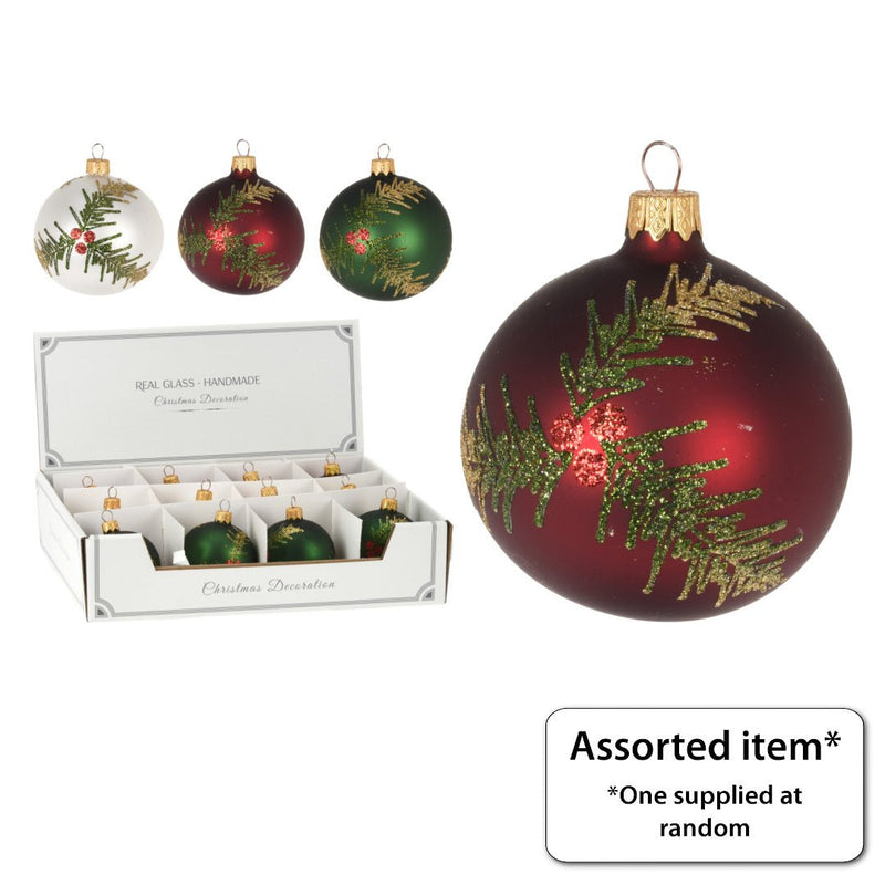 Bauble with Holly Decoration 80mm - XMAS BAUBLES - Beattys of Loughrea