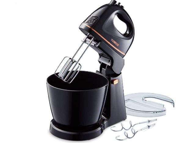 Tower T12039 Stand Mixer, 2.5 Litre Rotary Bowl, Turbo Feature, Chrome Beaters and Dough Hooks, Plastic, 300 Watts, Black and Rose Gold - HAND MIXERS - Beattys of Loughrea