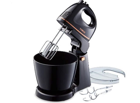 Tower T12039 Stand Mixer, 2.5 Litre Rotary Bowl, Turbo Feature, Chrome Beaters and Dough Hooks, Plastic, 300 Watts, Black and Rose Gold - HAND MIXERS - Beattys of Loughrea