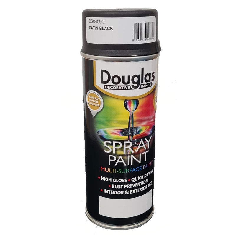 Douglas Spray Paint - Satin Black 400ml - METAL PAINTS - Beattys of Loughrea